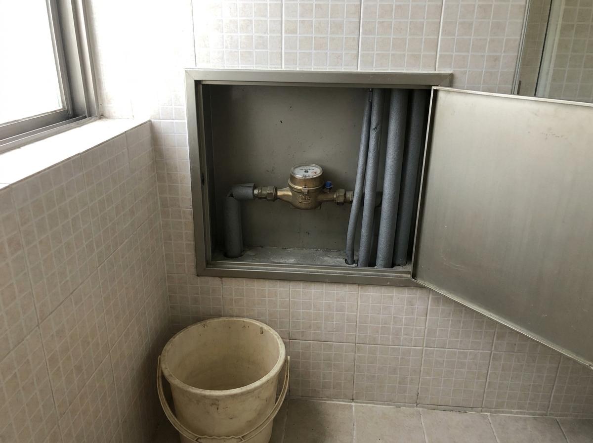 욕실 점검함 안의 수도계량기와 급수 배관을 살펴보는 참고 장면